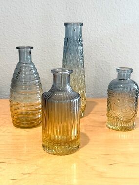 4 Small Ombre Glass Bud Vases - Blue to Amber Set